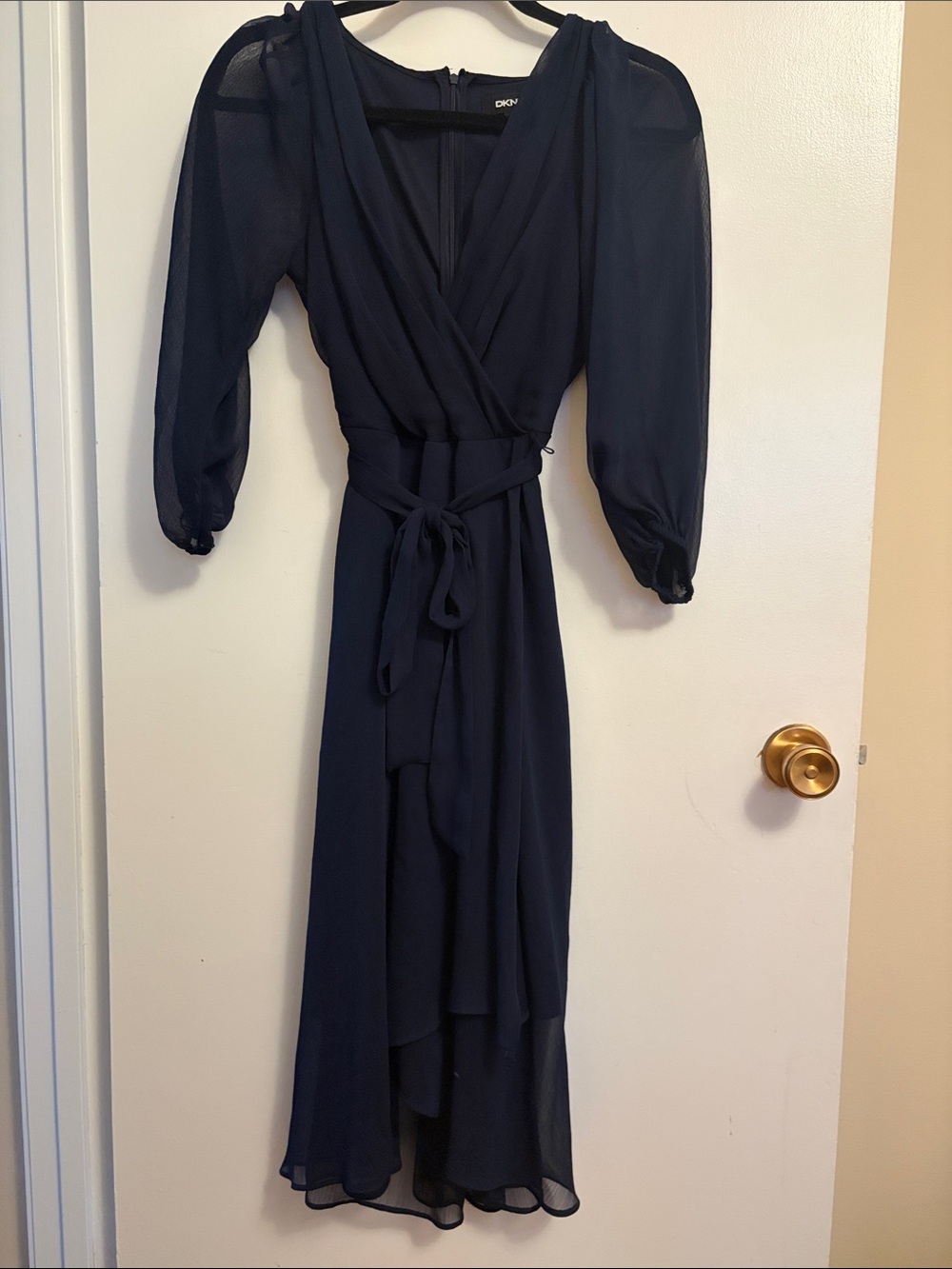 DKNY navy blue chiffon faux wrap midi dress featuring sheer balloon sleeves